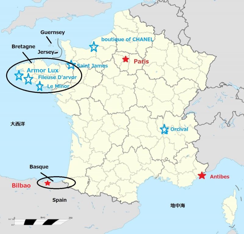 ブルトントップの位置関係を表したフランス地図